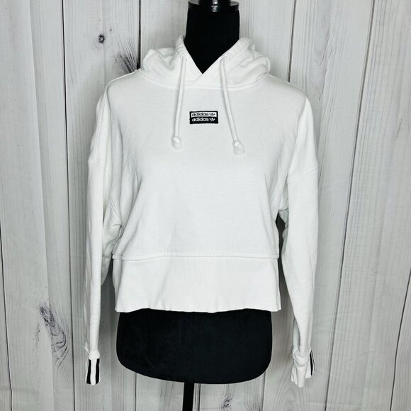 Adidas Three Stripe Vocal White & Black Cropped Hoodie Sweatshirt Size S - Picture 1 of 11